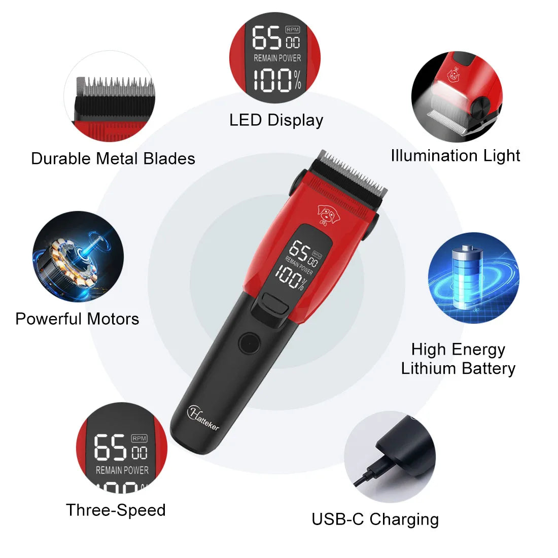 Hatteker Low Noise LED Pet Hair Trimmer Powerful Electric Dog Clippers Pet Shaver Dog Cat Pet Hair Clippers