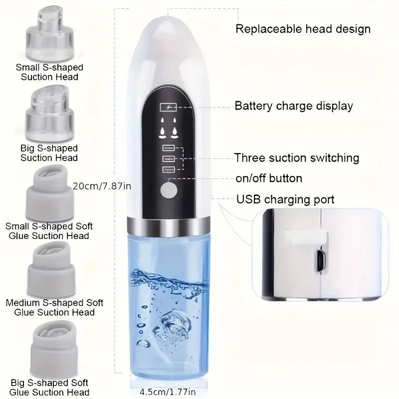 Blackhead Vacuum Suction Tool Kit, 6 Tips 3 Levels, USB Rechargeable - Portable Facial Pore Cleaner